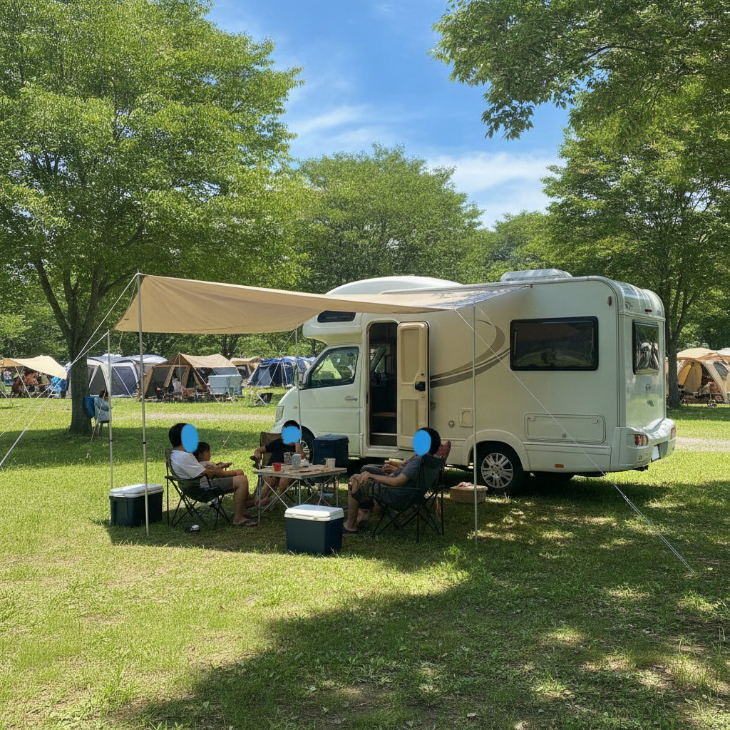真夏のキャンプ場でタープの下、キャンピングカーの脇でくつろぐ家族の様子