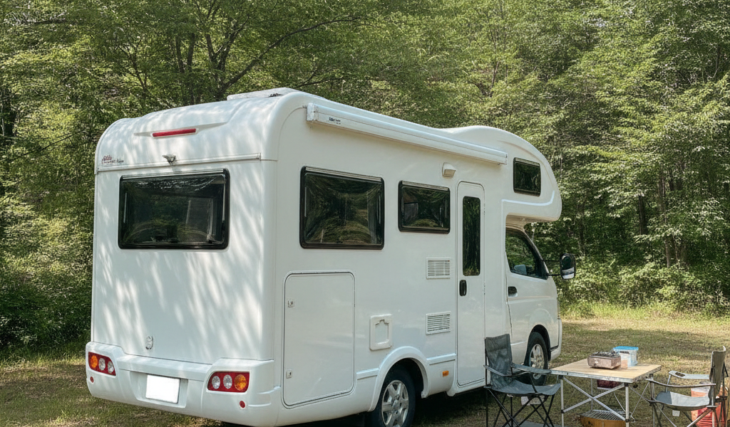 夏のオートキャンプ場の木立の前に停まった白いキャブコン型キャンピングカーを斜め後方から写した写真