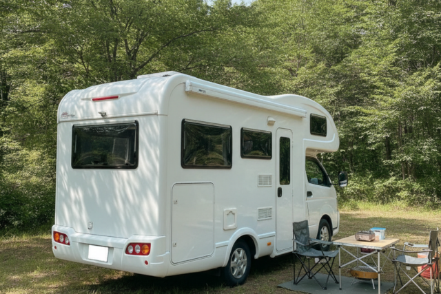夏のオートキャンプ場の木立の前に停まった白いキャブコン型キャンピングカーを斜め後方から写した写真