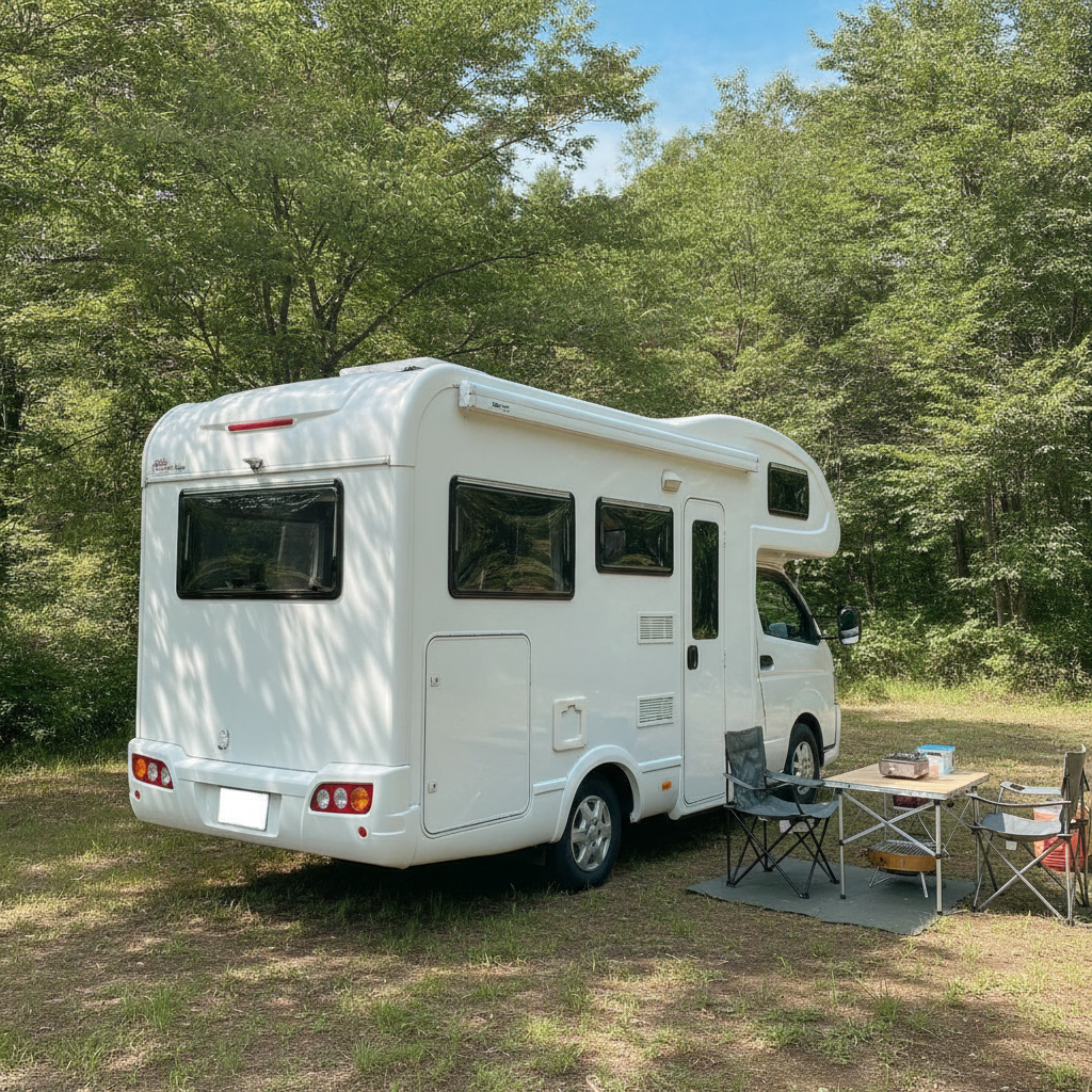 夏のオートキャンプ場の木立の前に停まった白いキャブコン型キャンピングカーを斜め後方から写した写真