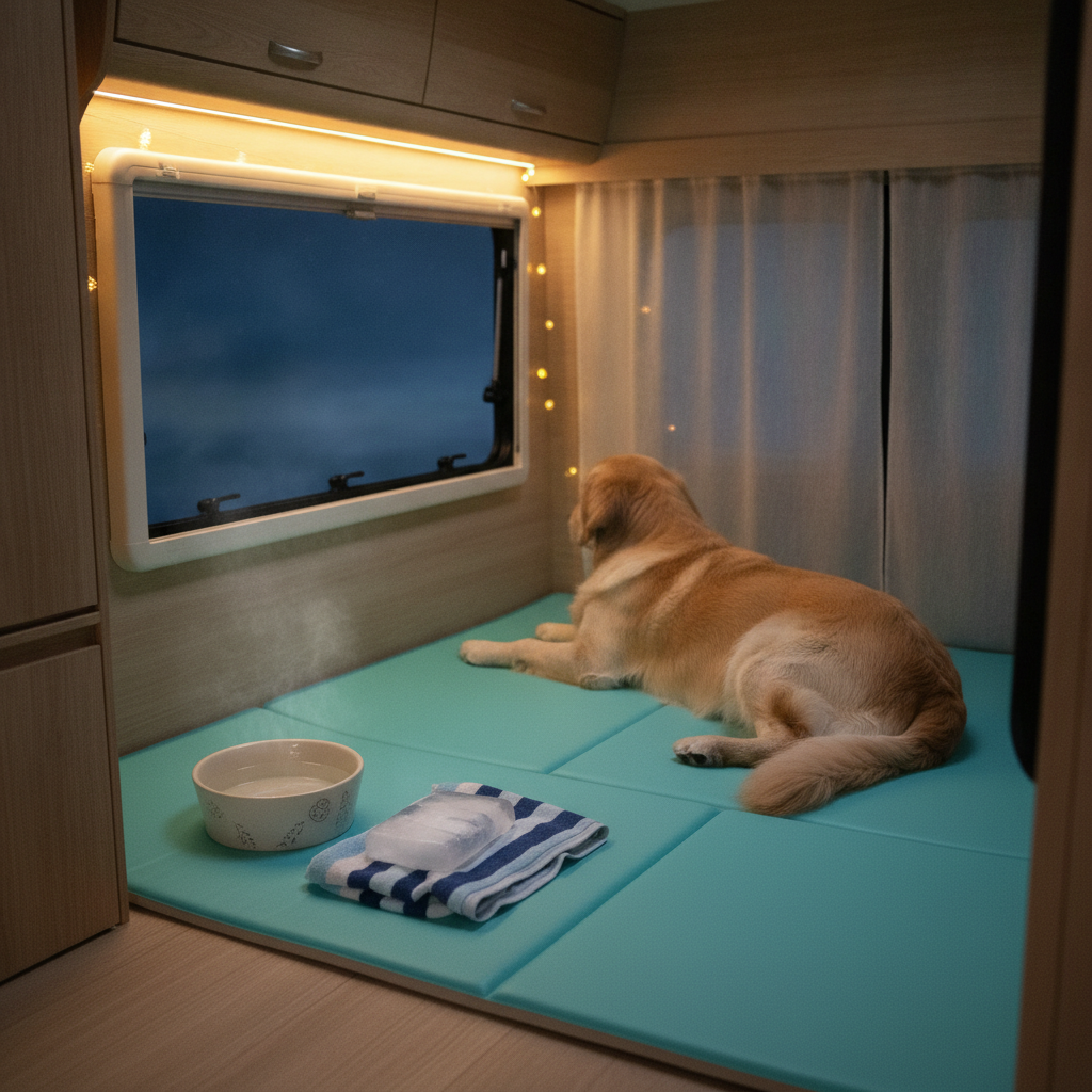 キャンピングカー車内でペット用クールマットの上に伏せる犬(後ろ姿)と、新鮮な水を入れた水皿・保冷剤。夜間のペット熱中症対策を示す落ち着いた車内シーン