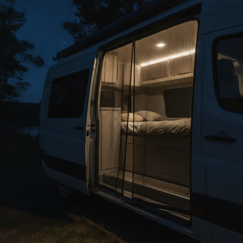 夜の車中泊でスライドドアの開口部全体を黒いメッシュ網戸で覆い、寝具の敷かれた車内に涼しい夜風を通している様子