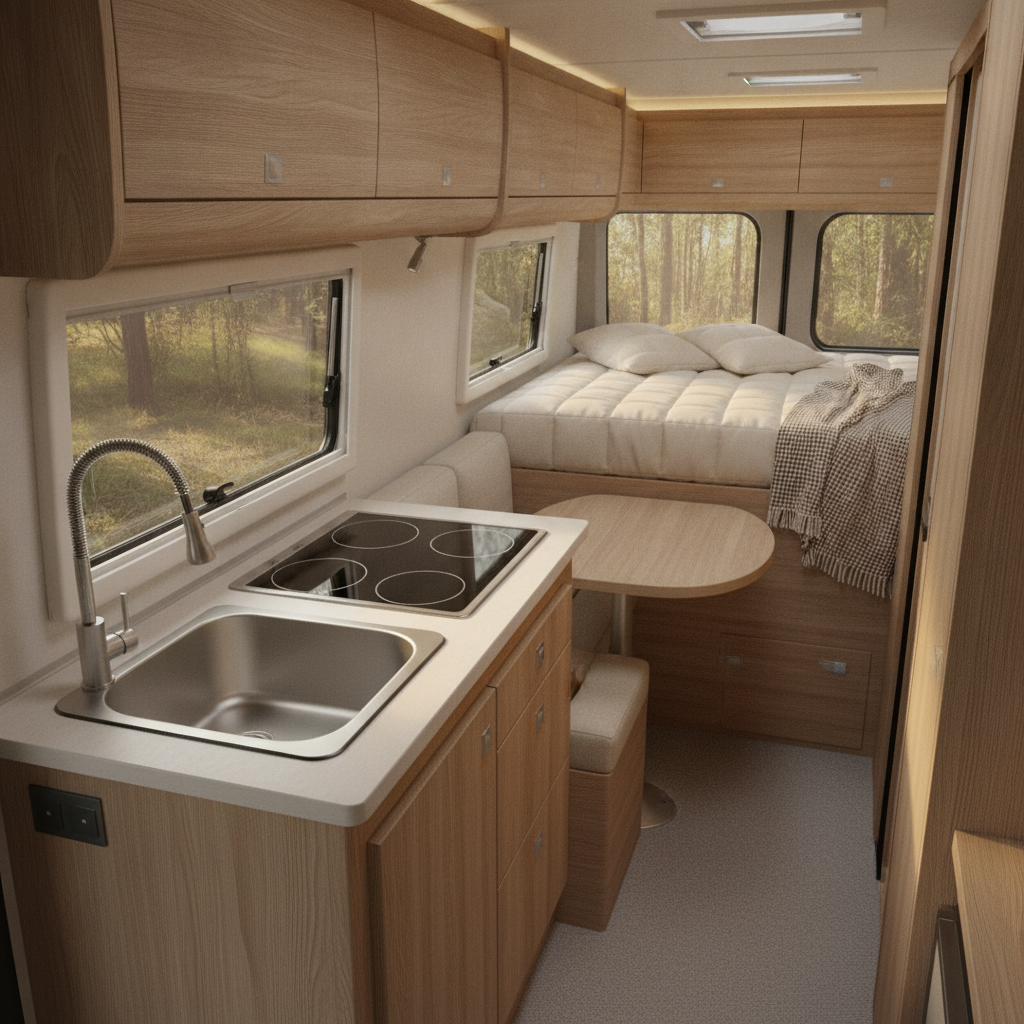 シンク・コンロのギャレーと常設ベッドを備えたキャンピングカーの明るい車内インテリア