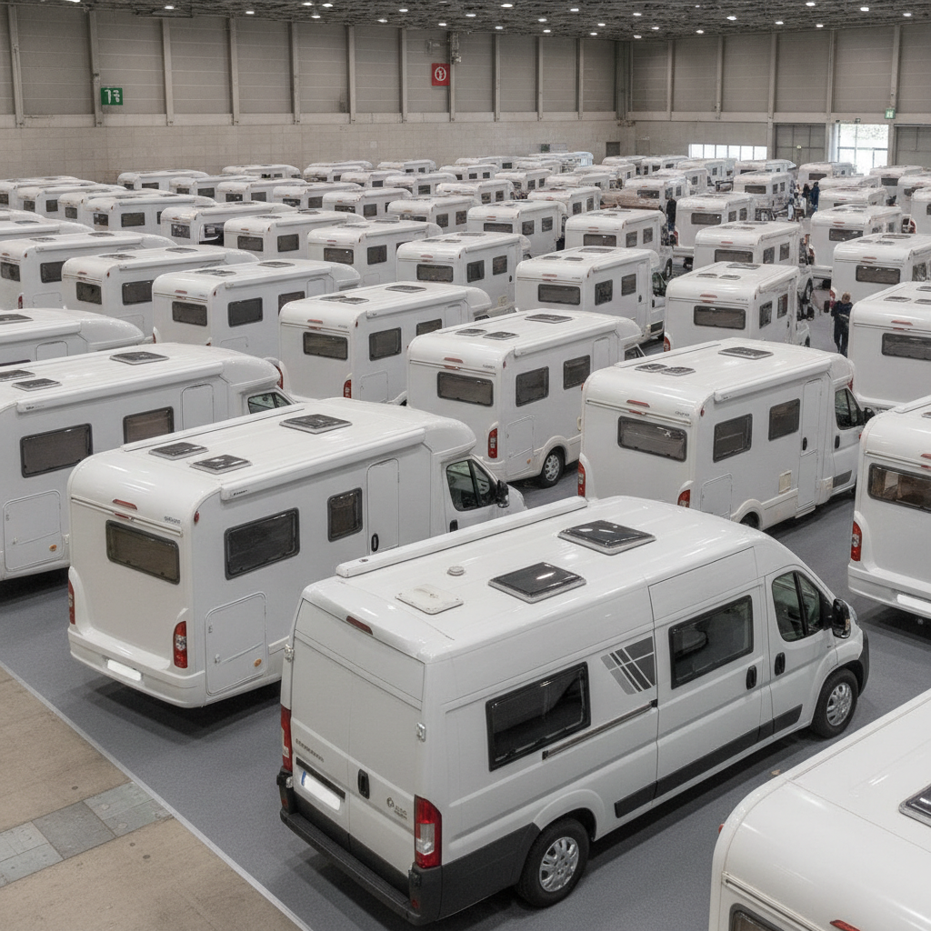 屋内展示ホールに整然と並ぶ多数のキャンピングカーを俯瞰した、秋のキャンピングカーショーの会場イメージ
