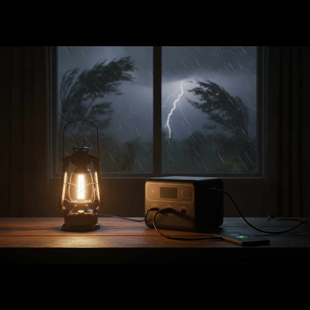 停電した夜の室内で、ポータブル電源からLEDランタンとスマートフォンを充電し、窓の外は台風の荒天という車中泊・在宅避難のイメージ