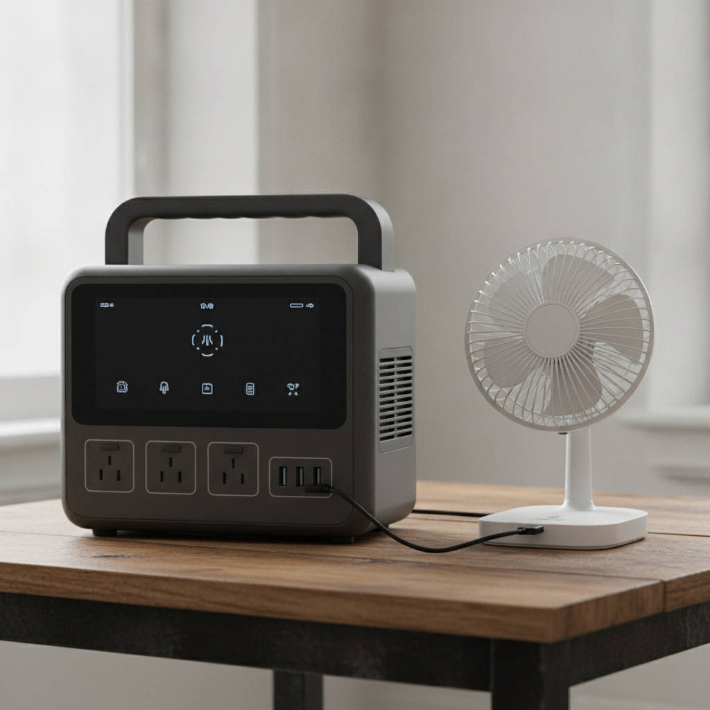 木製テーブルに置かれた無地デザインの大容量ポータブル電源のクローズアップ。複数のACコンセントとUSBポートがあり、卓上扇風機がつながっている容量・出力検討のイメージ