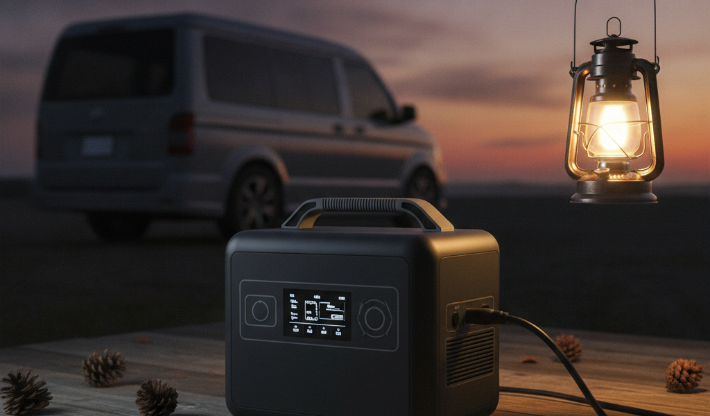 夕暮れのアウトドアで、無地デザインのポータブル電源からLEDランタンが灯り、背景に側面から見たキャンピングカーが写る防災×車中泊兼用のイメージ