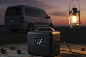 夕暮れのアウトドアで、無地デザインのポータブル電源からLEDランタンが灯り、背景に側面から見たキャンピングカーが写る防災×車中泊兼用のイメージ