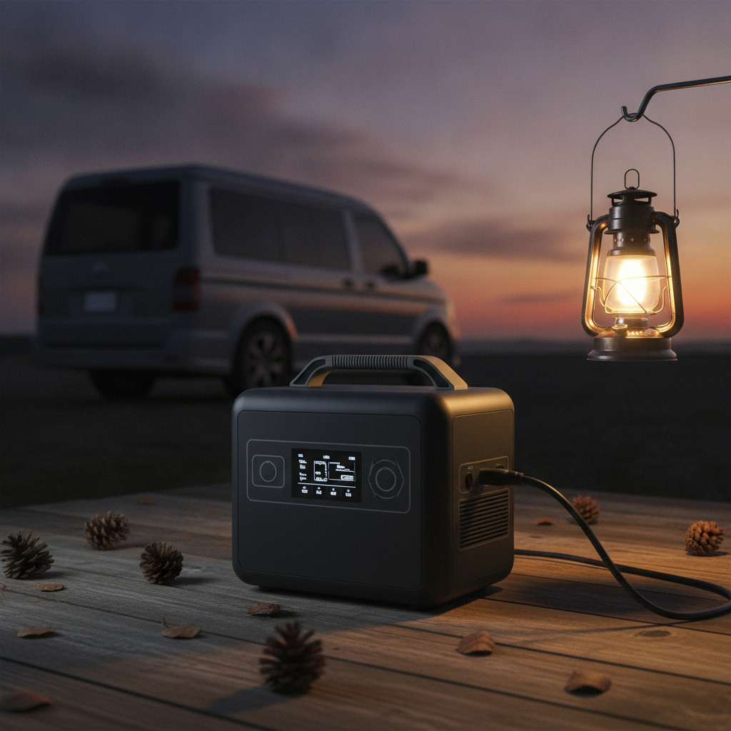 夕暮れのアウトドアで、無地デザインのポータブル電源からLEDランタンが灯り、背景に側面から見たキャンピングカーが写る防災×車中泊兼用のイメージ