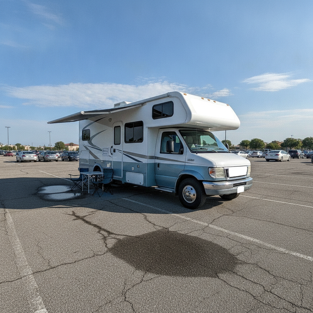 広い無料駐車場に停まるキャンピングカー