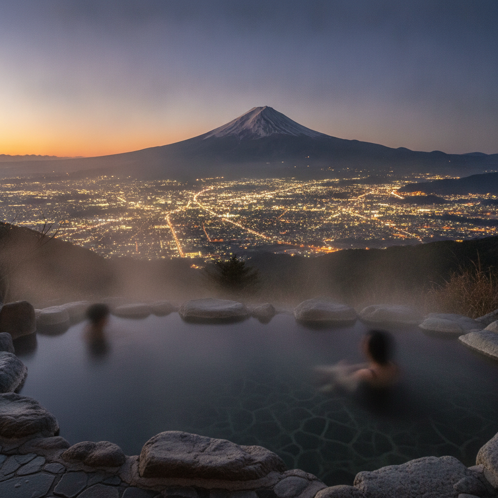 露天風呂から見える富士山と甲府盆地の夜景
