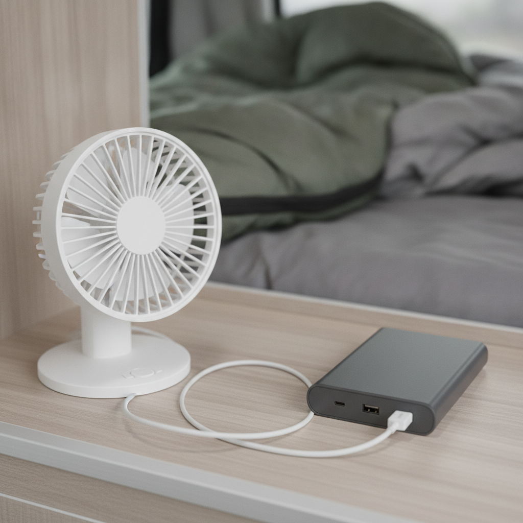 無地の充電式USB扇風機を無地のモバイルバッテリーにUSBケーブルで接続し車内の棚に設置した電源まわりの様子