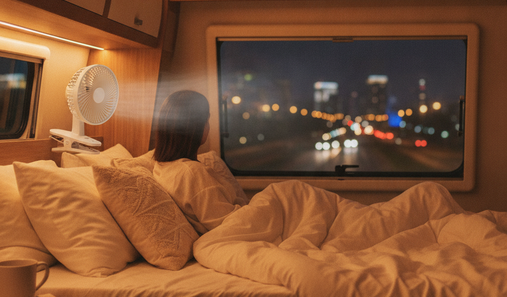 夏の夜のキャンピングカー車内で、ベッドの手すりに取り付けた無地の白い充電式クリップ扇風機が首元に送風している様子