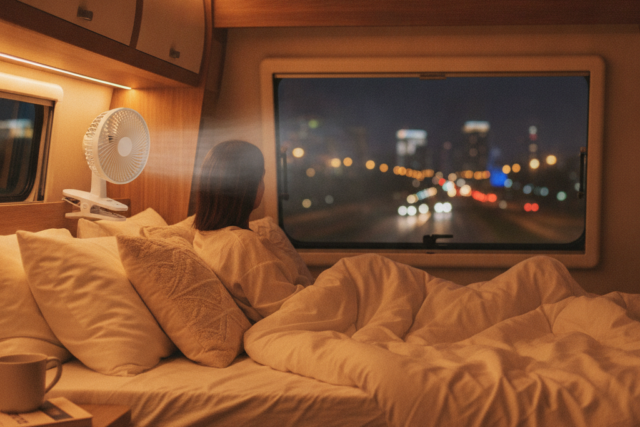 夏の夜のキャンピングカー車内で、ベッドの手すりに取り付けた無地の白い充電式クリップ扇風機が首元に送風している様子