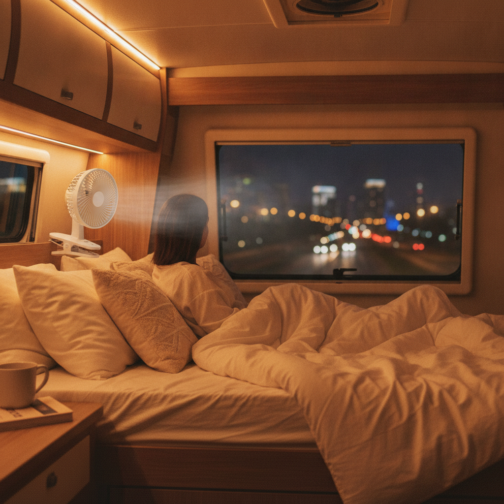 夏の夜のキャンピングカー車内で、ベッドの手すりに取り付けた無地の白い充電式クリップ扇風機が首元に送風している様子