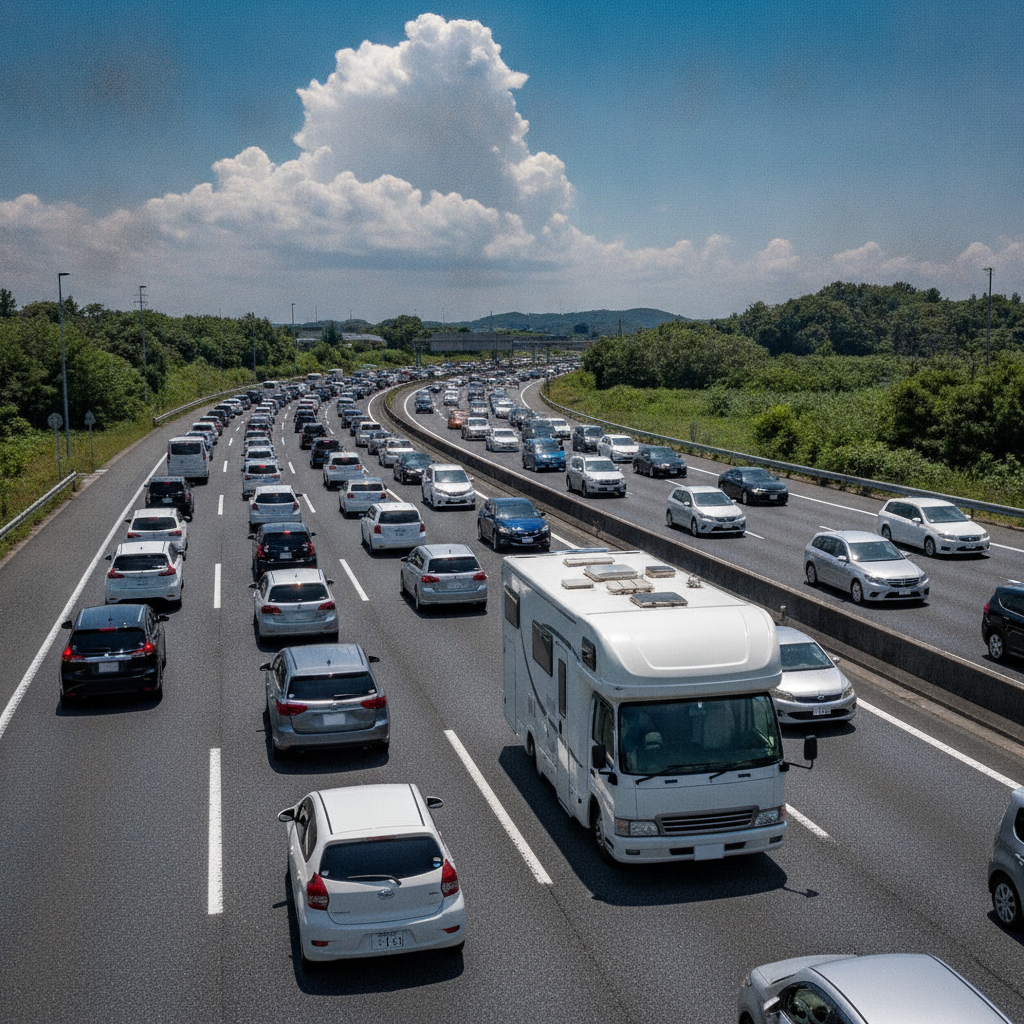 真夏の高速道路で数珠つなぎに渋滞する車列と、その中に混ざる背の高いキャンピングカーを俯瞰で捉えた様子。
