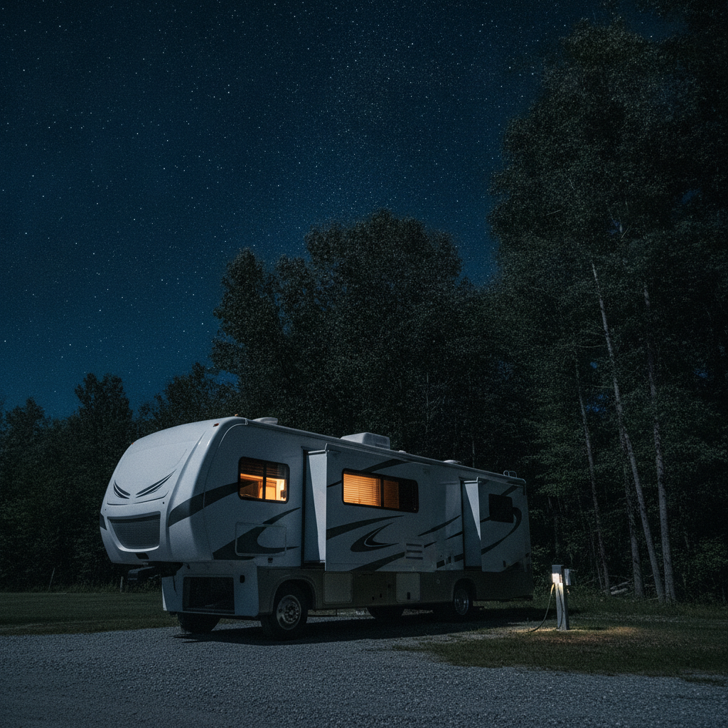 夜のRVパークに一台停まり車内から暖かい明かりが漏れるキャンピングカー。星空と木立、電源スタンドが見える。