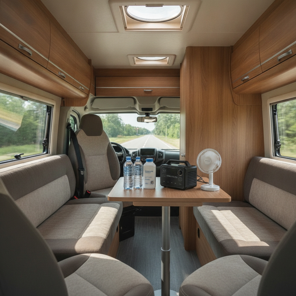 キャンピングカーの明るい車内テーブルに置かれた飲料水のボトル・ポータブル電源・扇風機など、渋滞や真夏の車中泊に備えた装備。