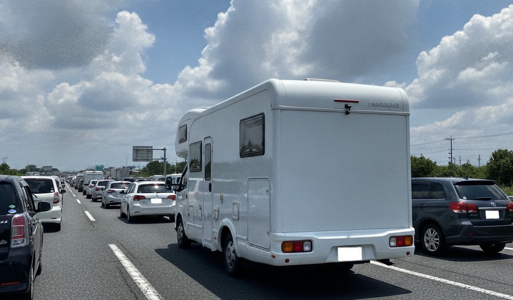 夏のお盆に高速道路の渋滞に並ぶ白い大型キャンピングカーを後方から見た様子。青空と入道雲が広がる。