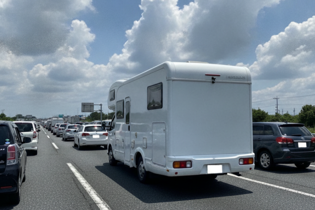夏のお盆に高速道路の渋滞に並ぶ白い大型キャンピングカーを後方から見た様子。青空と入道雲が広がる。