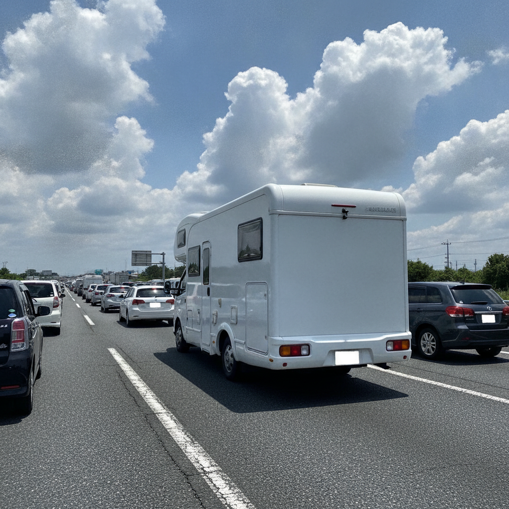 夏のお盆に高速道路の渋滞に並ぶ白い大型キャンピングカーを後方から見た様子。青空と入道雲が広がる。