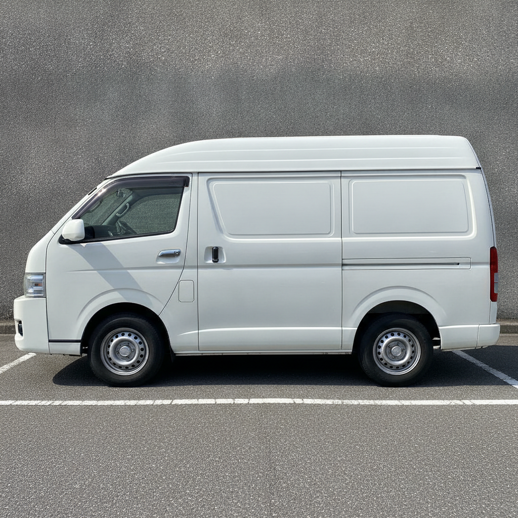 白いハイルーフの箱型商用バンをベースにしたバンコンの真横(サイドプロファイル)。短いノーズと背の高い箱型ボディで、NV350キャラバン相当のプロポーションを示す