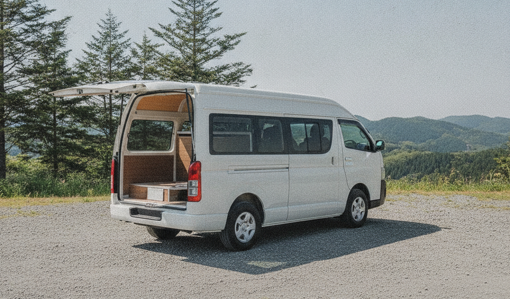 白い箱型ハイルーフ商用バンをベースにした新型バンコンが高原の駐車スペースに停車し、後方の観音ドアを開けて木目の内装を見せている様子（斜め後方からの引き構図）