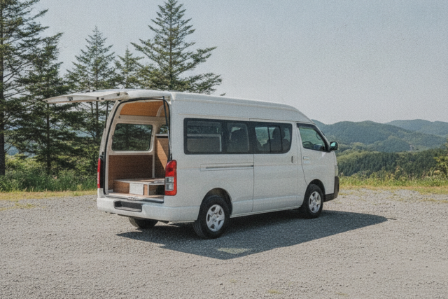 白い箱型ハイルーフ商用バンをベースにした新型バンコンが高原の駐車スペースに停車し、後方の観音ドアを開けて木目の内装を見せている様子（斜め後方からの引き構図）