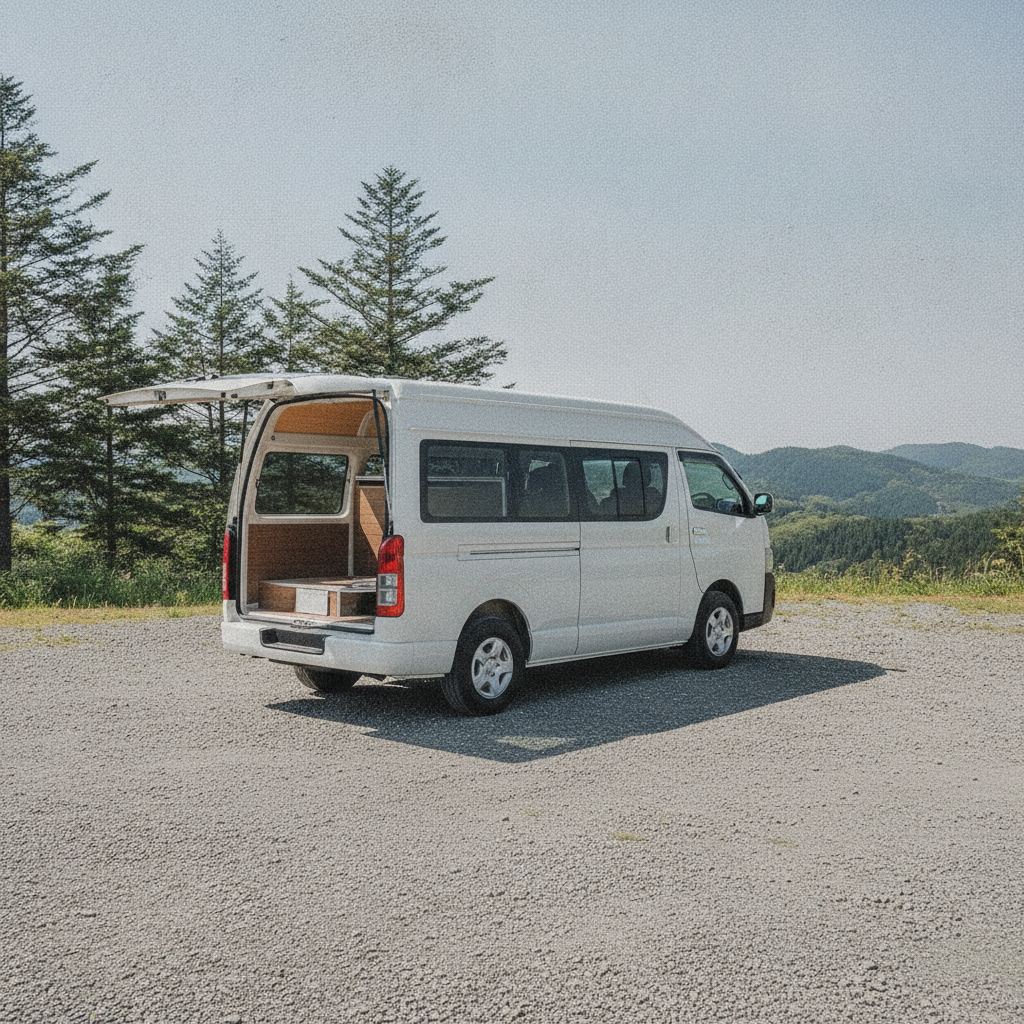 白い箱型ハイルーフ商用バンをベースにした新型バンコンが高原の駐車スペースに停車し、後方の観音ドアを開けて木目の内装を見せている様子（斜め後方からの引き構図）