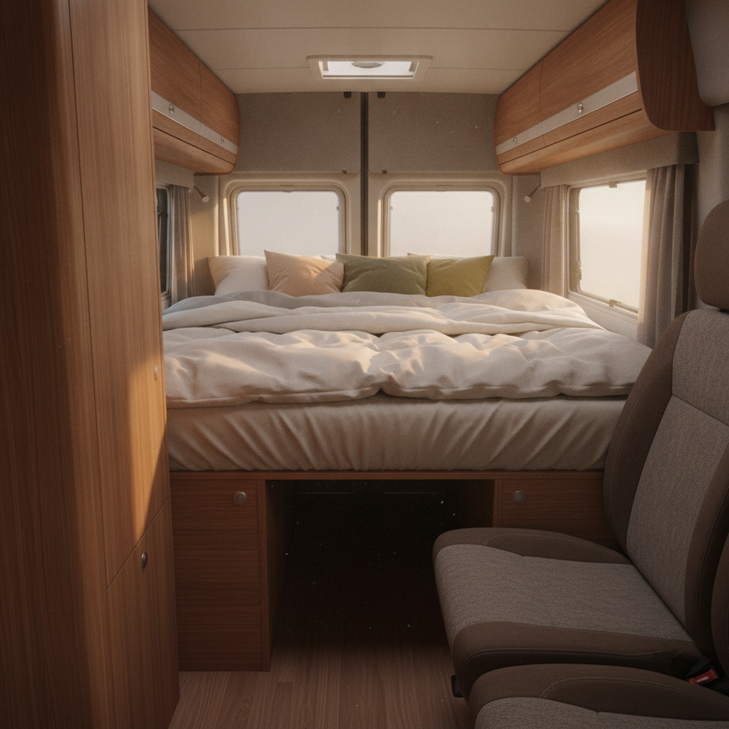 バンコンキャンピングカーの車内。フルフラットに展開した就寝スペースにマットと寝具が整えられた様子。