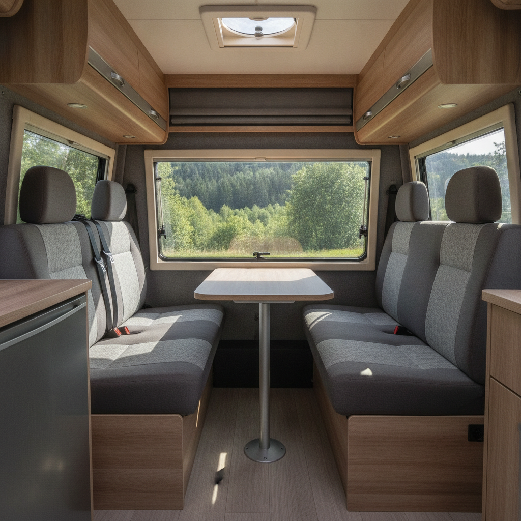 バンコンバージョン・キャンピングカー車内後方の生活空間。向かい合わせの対座シートと木目調のダイネットテーブル、床にしっかり固定された座席とヘッドレスト