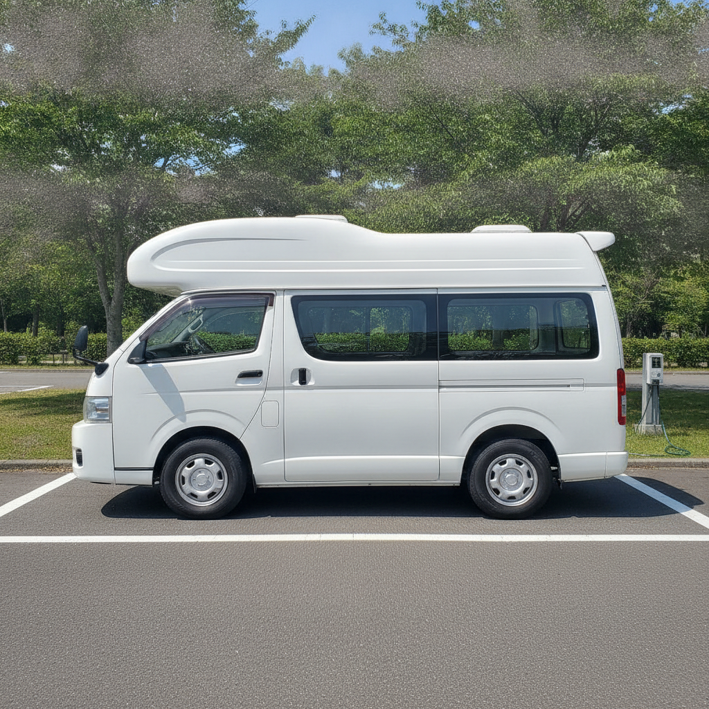 RVパークの区画に停められた、無地で白い国産ハイエース相当のワンボックスバンをベースにした小型キャブコン/バンコン型キャンピングカーを真横（側面）から見た様子。ハイルーフ＆バンクベッドの架装が分かる（人物・ロゴ・エンブレム・ナンバーなし）