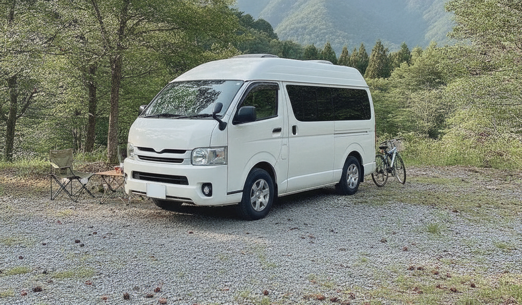 高原のキャンプ場の駐車スペースに停められた、無地で白いハイルーフ型バンコンバージョン・キャンピングカーを斜め後方から見た様子。背景に緑の木立と穏やかな山並み