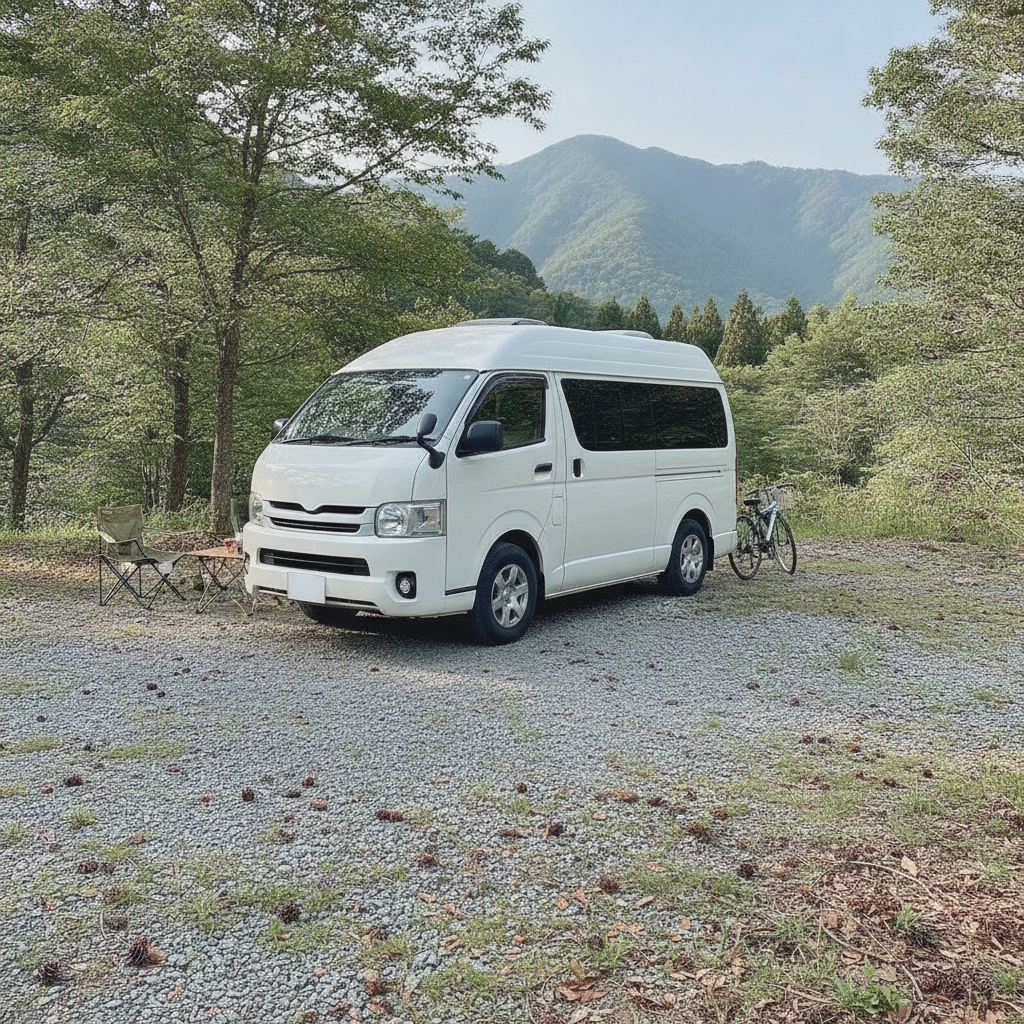 高原のキャンプ場の駐車スペースに停められた、無地で白いハイルーフ型バンコンバージョン・キャンピングカーを斜め後方から見た様子。背景に緑の木立と穏やかな山並み