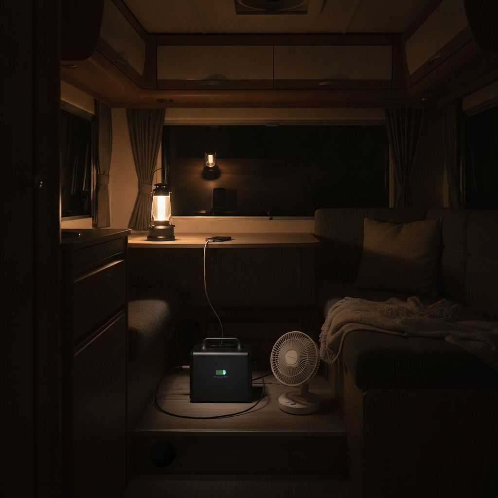 停電した夜のキャンピングカー車内。LEDランタンの明かりの下、ポータブル電源でスマートフォンを充電し扇風機を回している様子