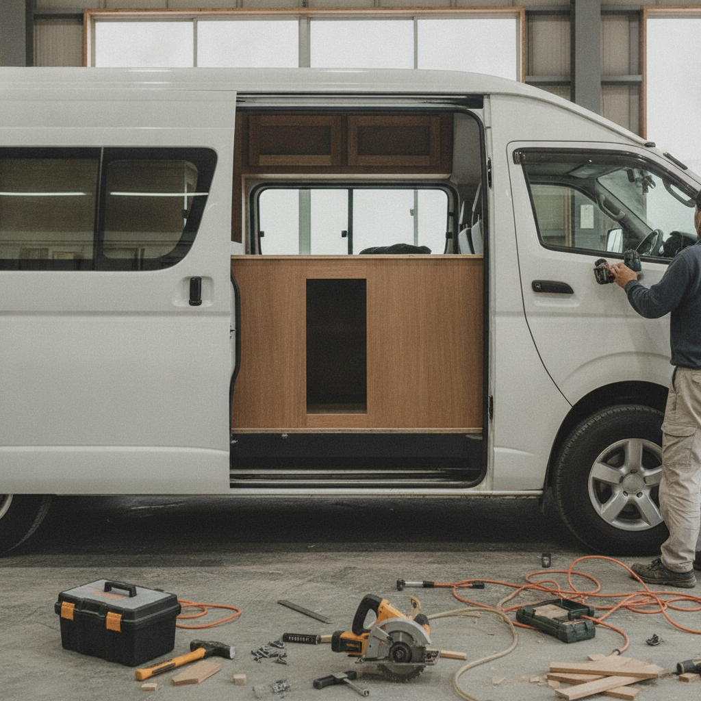 白い大型バンのスライドドアを開け、車内に木製キャビネットを取り付ける架装作業の様子