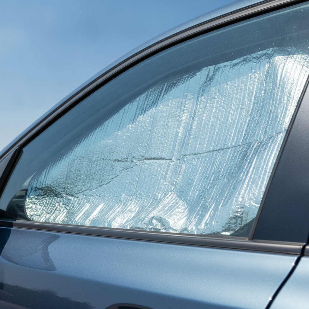 夏の日差しの下、車外から見た側面窓。車内側にはめ込まれた自作サンシェードのアルミ反射面が車外側を向き、日射を反射している