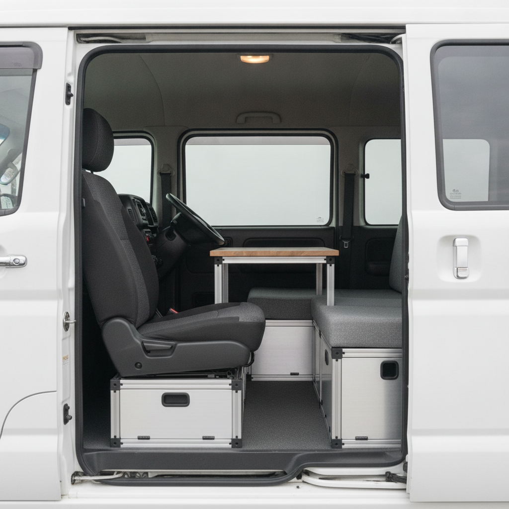 後ろ向きに回転させた運転席が、小さなテーブルを挟んでベンチと向かい合う軽キャンピングカーの車内。開いたスライドドアから見た様子で、アルミフレームの家具と床下収納が並ぶ