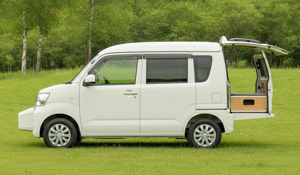 夏の高原のキャンプ場の芝生に停まる白い軽キャンピングカーを真横から見た様子。フロントウインドウの前に短いボンネットが張り出したFFレイアウトの軽バンで、バックドアが跳ね上げられ車中泊仕様の室内が見える