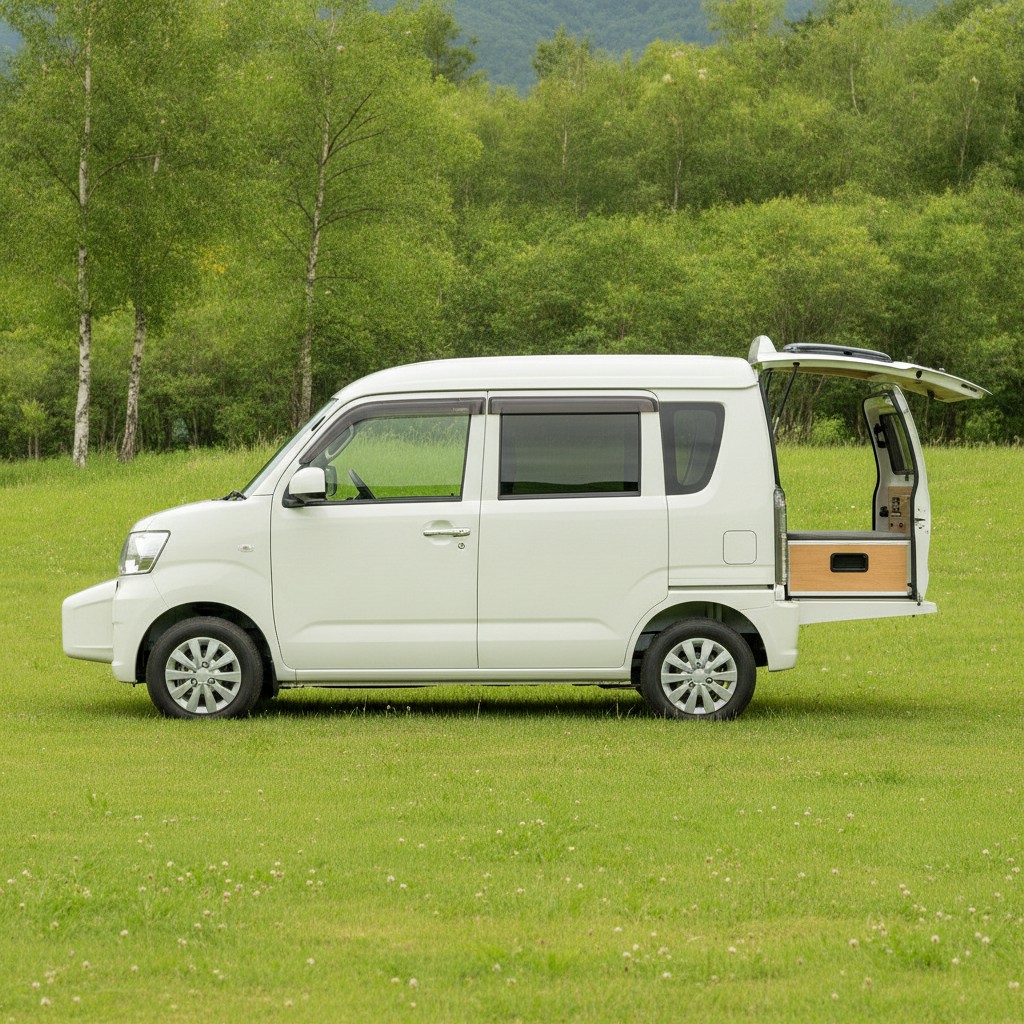 夏の高原のキャンプ場の芝生に停まる白い軽キャンピングカーを真横から見た様子。フロントウインドウの前に短いボンネットが張り出したFFレイアウトの軽バンで、バックドアが跳ね上げられ車中泊仕様の室内が見える