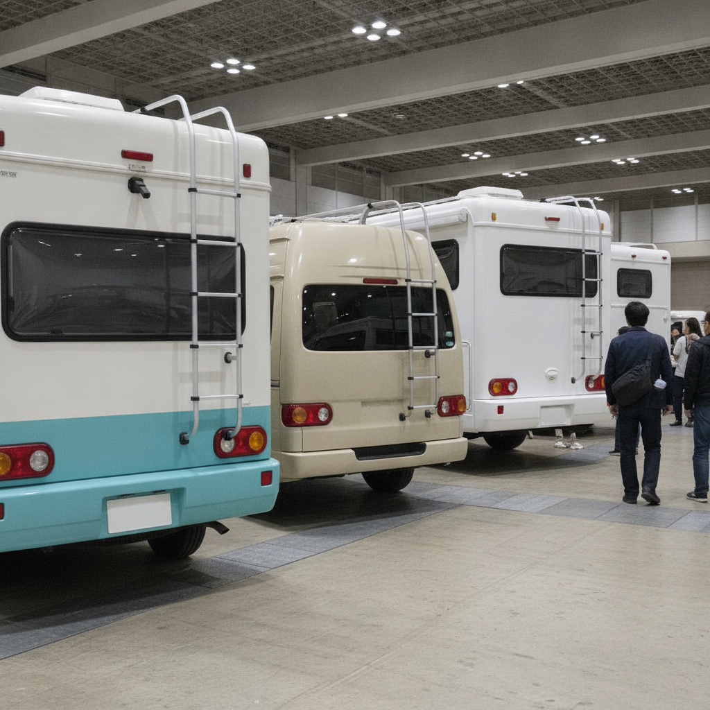 展示会場に並ぶ大きさの異なるキャンピングカー。軽キャンからキャブコンまでサイズの違いを見比べられる