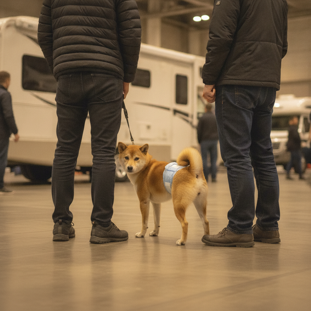 マナーパンツを着用した犬を連れてキャンピングカーショー会場を見学する来場者