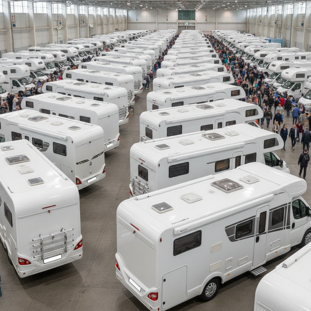 屋内展示ホールに多数のキャンピングカーが整然と並ぶキャンピングカーショー会場の全景