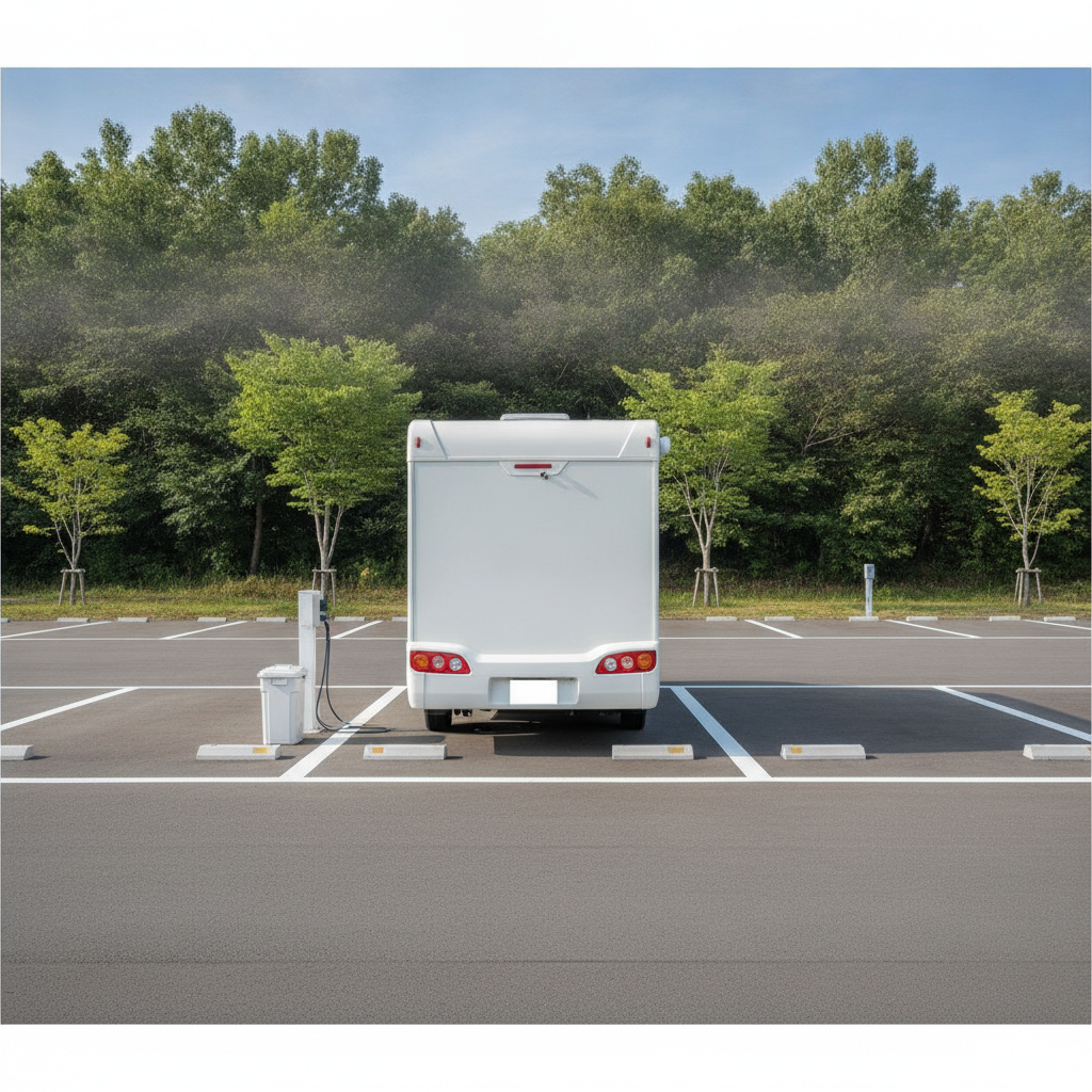 RVパークの駐車区画に後ろ向きに停まるキャンピングカーと、脇に設置された電源供給用のポール