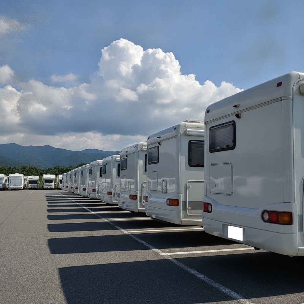 真夏の強い日差しの下、RVパークの駐車区画にびっしりと並んで停まる複数のキャンピングカー