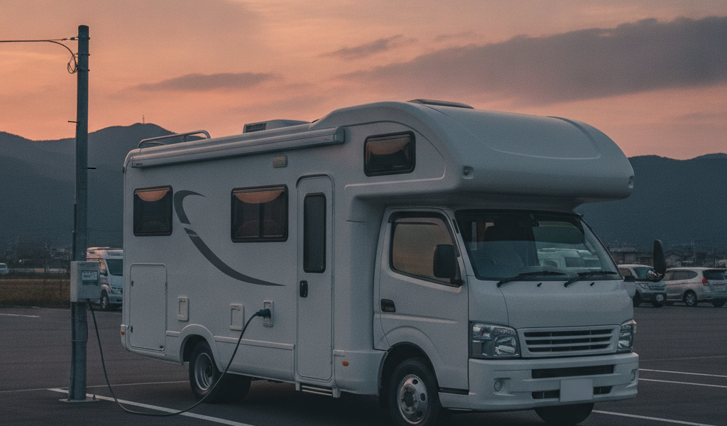 夕暮れのRVパークの駐車区画に停まり、電源スタンドからケーブルで給電を受けているキャンピングカー
