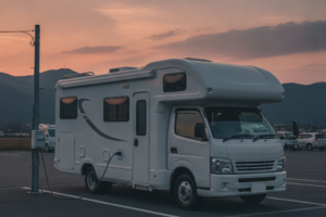 夕暮れのRVパークの駐車区画に停まり、電源スタンドからケーブルで給電を受けているキャンピングカー