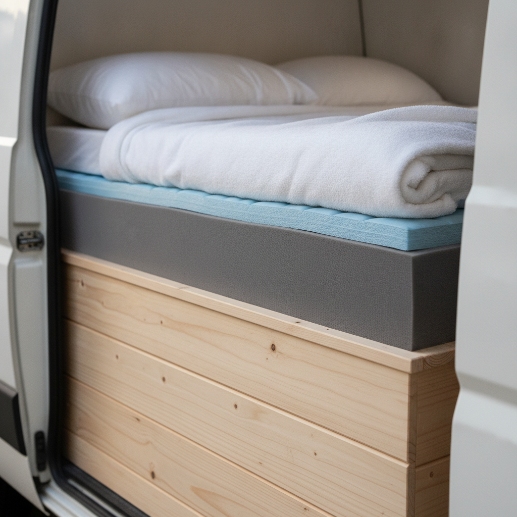 車中泊の寝床の層構造がわかる断面的なカット。下から順に、板張りのベッドキット、グレーの厚手マット、薄いブルーの冷感敷きパッド、白いタオルケットと枕が重なっている