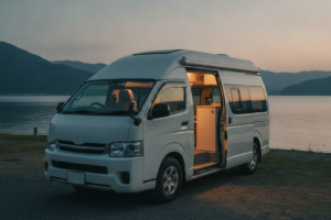夕暮れの湖畔のキャンプ場に停まる白いワイドボディ・ミドルルーフのハイエース風バンコンキャンピングカーを斜め前方から捉えた写真。スライドドアから暖かい室内灯がこぼれている