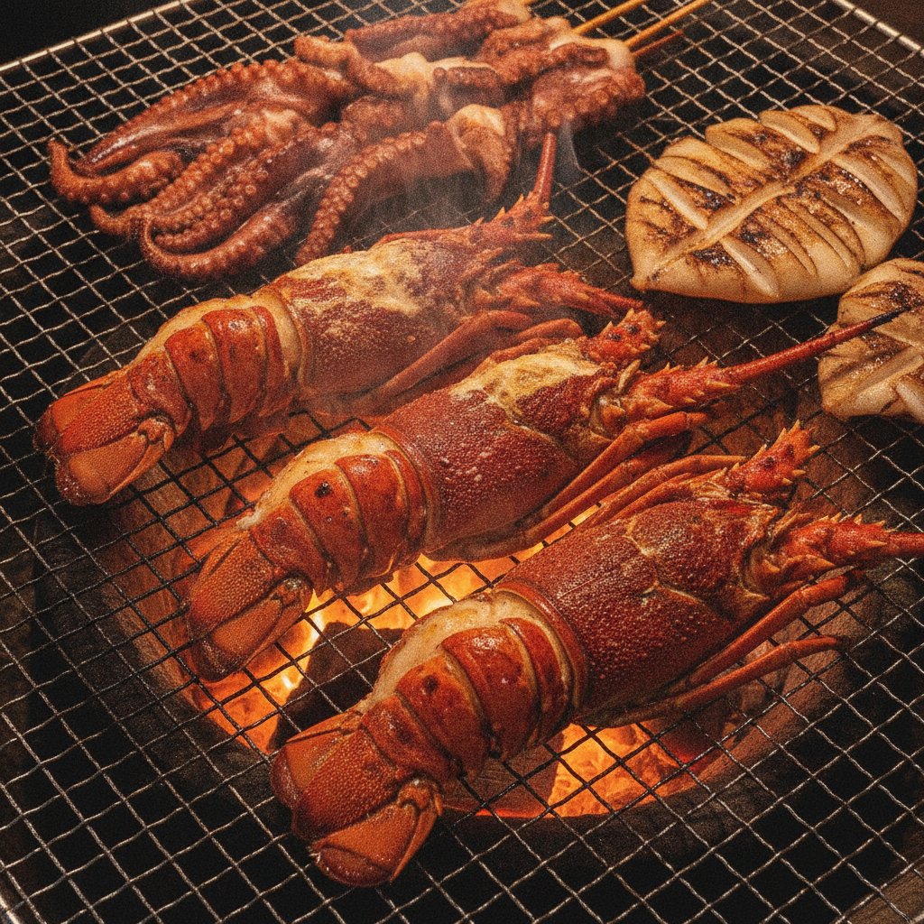 炭火の網の上で焼かれる丸ごとの伊勢海老と、タコの串焼き・イカ焼きのイメージ画像。※本文で紹介する朝市の写真ではありません。